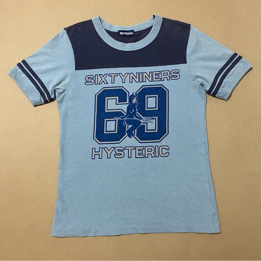 Super cute and flirty blue Hysteric Glamour 69 ringer football Tee